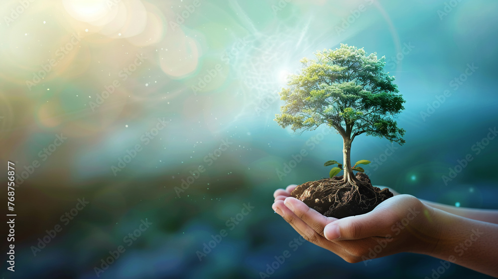 Fototapeta premium Sustainable living concept with a tree growing in human hands, against a blue and green earth background, symbolizing eco-care.