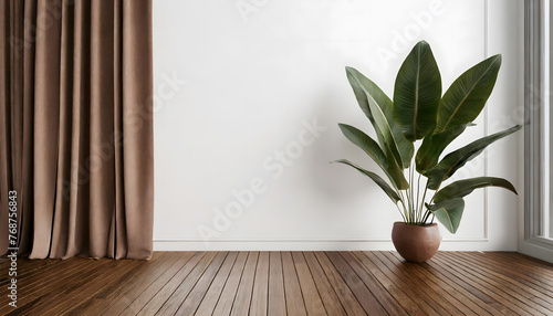 Plant against a white wall mockup. White wall mockup with brown curtain, plant and wood floo. Generative AI. photo