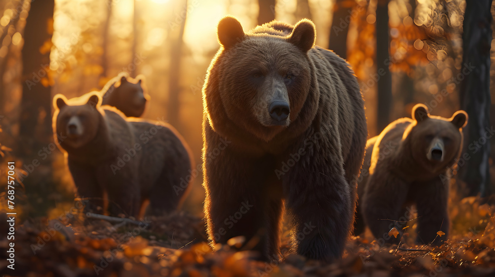 Grizzly bear family walking towards the camera in the forest with setting sun. Group of wild animals in nature. Grizzly bear family walking towards the camera in the forest with setting sun. Group of wild animals in nature.