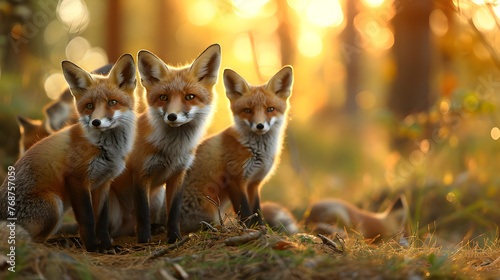 Foxes standing in the forest with setting sun shining. Group of wild animals in nature. © linda_vostrovska