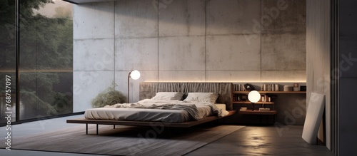 A minimalist bedroom featuring a bed with clean white linens and a simple nightstand with a lamp. The room is uncluttered  with neutral colors creating a calming atmosphere.