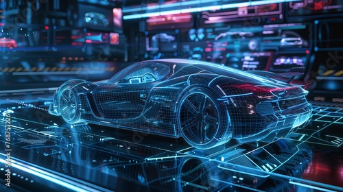 A holographic digital interface for car services, showcasing dashboards, characteristics, and car descriptions, offering a futuristic car interface suitable for websites or video games