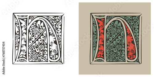 N letter medieval Gothic initial illuminated by foliage ornament. Engraved German drop cap. Dark age hand painted emblem. Classic Latin alphabet font based on XV century embellishment manuscript.