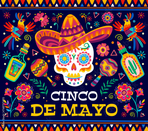 Cinco de mayo mexican holiday banner. Vector greeting card with colorful sugar skull donning a festive sombrero, surrounded by folk motifs of Mexico, tequila and maracas, celebrating cultural heritage