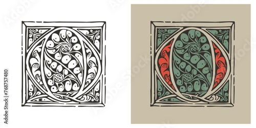 Q letter medieval Gothic initial illuminated by foliage ornament. Engraved German drop cap. Dark age hand painted emblem. Classic Latin alphabet font based on XV century embellishment manuscript.