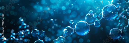 blue background with many spheres and molecules connected by blue lines, blue Atoms molecules background, banner