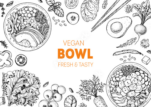 Poke Bowl frame. Hawaiian Food top view vector illustration. Food menu design template. Hand drawn sketch. Vintage style.