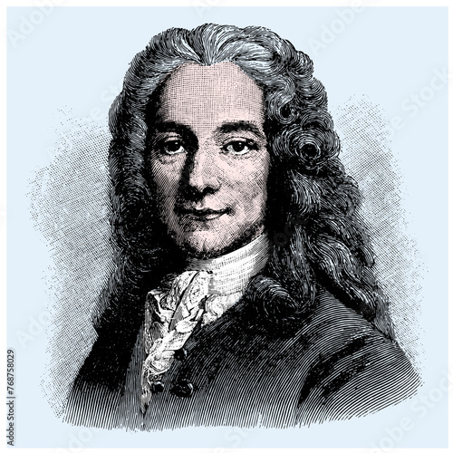 vector colored old engraving of famous French writer, philosopher, satirist, and historian Voltaire, engraving is from Meyers Lexicon published 1914 - Leipzig, Deutschland photo