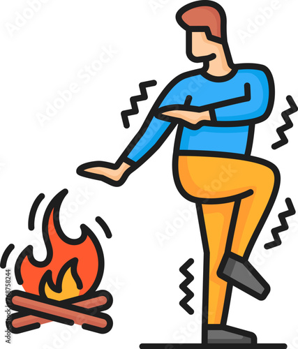 Pyrophobia phobia, anxiety or human psychology problem outline color icon. Fear of fire and flame problem or mental disorder thin line vector symbol, pictogram or icon with man scared of bonfire
