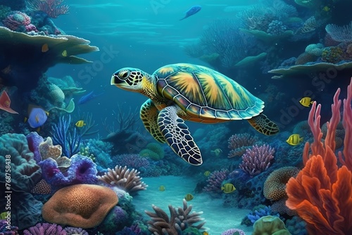 green sea turtle and coral