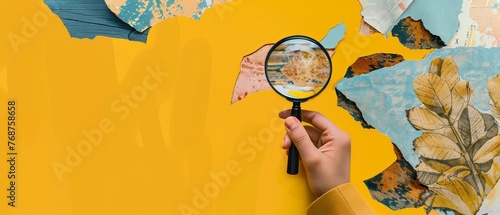 In this collage you can find modern elements with a magnifying glass in hand, as well as trendy shapes. The background is yellow. photo