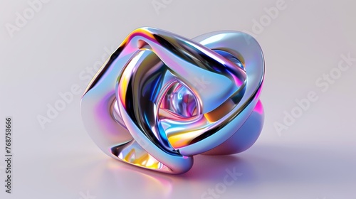 An abstract shape chrome metal rendered in 3D with holographic light. Modern illustration of shiny holographic light...
