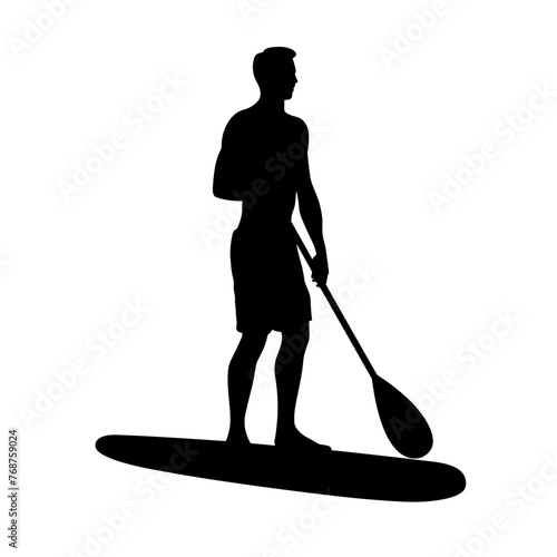 Paddleboarding man black icon on white background. Paddleboarding man silhouette
