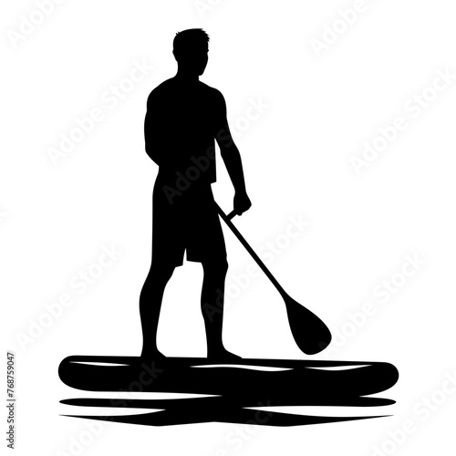 Paddleboarding man black icon on white background. Paddleboarding man silhouette