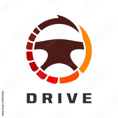 Drive emblem of car steering wheel with speedometer gauge for driving school, vector icon. Auto racing, electric car or safe driving sign for automobile technology automotive and car service