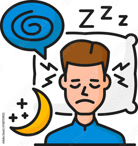 Insomnia icon of hematology or anemia symptoms and disease of iron deficiency, vector color line. Blood low hemoglobin cells and anemia cause of illness and health problem with insomnia