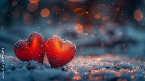 Two Red Hearts on Snow-Covered Ground