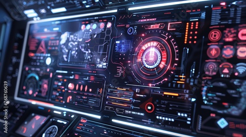 A Sci-Fi futuristic user interface HUD, rendered as a vector illustration, showcasing the advanced design elements typical of science fiction interfaces