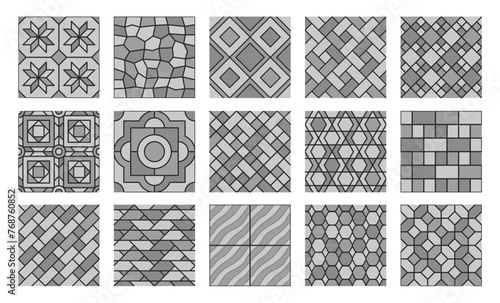 Grey pavement top view pattern, street cobblestone, garden sidewalk tile. Park footpath cobblestone pattern, garden sidewalk concrete tile vector background or floor brick pavement textures set