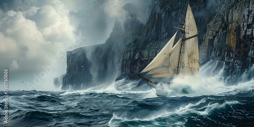 Powerful depiction of vintage sailboat navigating stormy seas near rocky cliffs portraying the force of nature in historical sailing expeditions. Concept Historical Sailboat, Stormy Seas