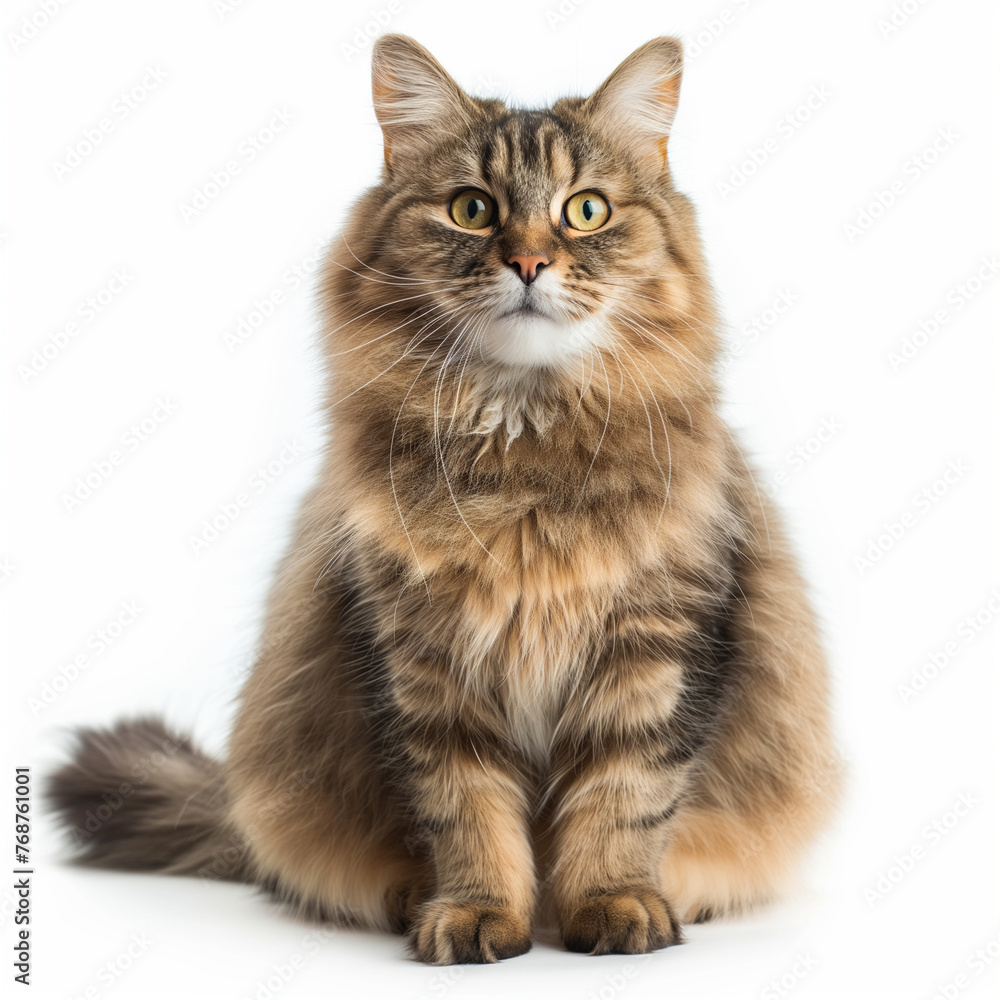Fluffy beautiful cat with yellow eyes isolated on white background. Domestic cat with beautiful color, advertising of pet products, treatment, veterinary, food and medicine for animals