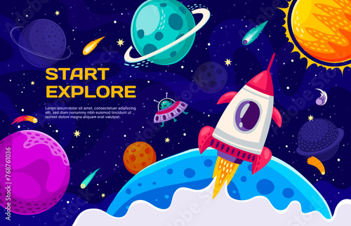 Rocket launch. Business fast start concept. Vector banner for startup project or product presentation. Cartoon spacecraft take off into space, Universe or starry galaxy. Successful idea booster