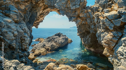 This image depicts the stunning view of rocky cliffs beside clear blue waters under bright sunlight