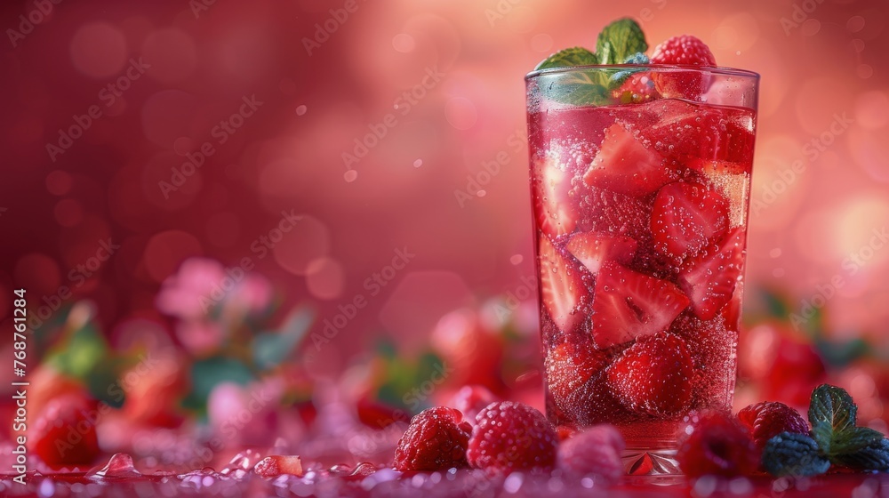 Glass of Liquid With Strawberries on Table Glass of Liquid With Strawberries on Table