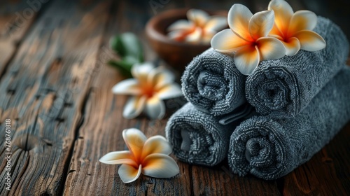 Stack of Blue Towels With White Flowers
