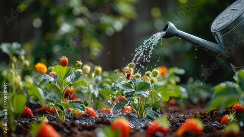 Watering Can Pouring Water on Strawberries