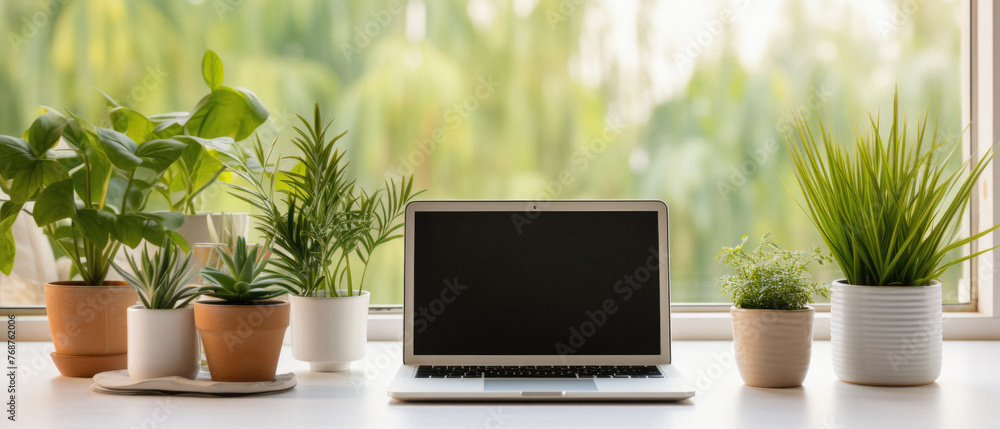 Laptop with blank screen on table in front of window with green plants Laptop with blank screen on table in front of window with green plants