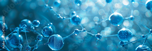 blue background with many spheres and molecules connected by blue lines, blue Atoms molecules background, banner