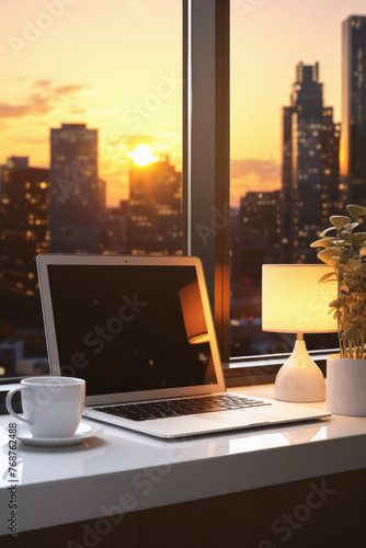 Laptop and coffee cup on table in office with city view at sunset