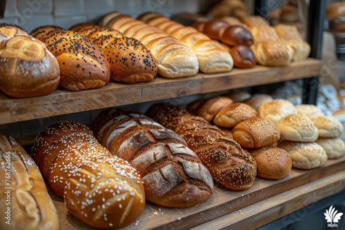 Breads on supermarket , Different bread, baguettes, bagels, bread buns, and a variety of other fresh bread on display on grocery store bakery shelves, 