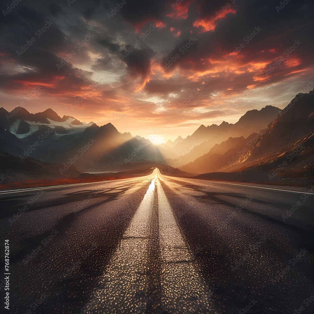 A breathtaking view of a road leading towards a mesmerizing sunset, surrounded by majestic mountains and illuminated by the vibrant hues of the sky.