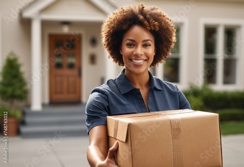 A smiling delivery woman holding a package, standing in front of a residential home, signifies reliable service.