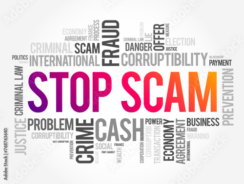 Stop Scam (fraudulent attempt to swindle you out of money or other valuables) word cloud concept background