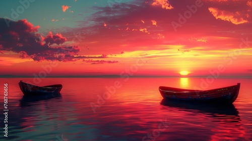 Tranquil Boats on Sea at Sunset Serenity