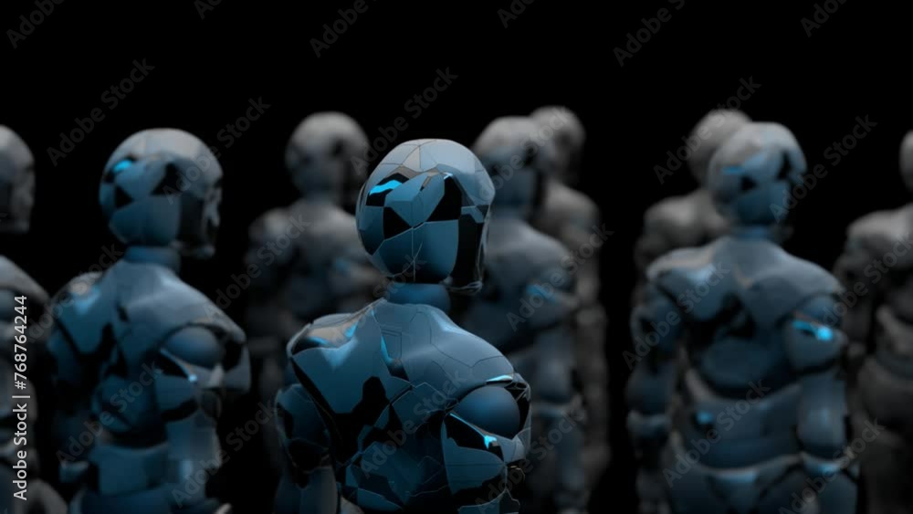 movement of a squad of humanoid robots, rear view, artificial intelligence, dark background, 3D rendering, cyclic animation movement of a squad of humanoid robots, rear view, artificial intelligence, dark background, 3D rendering, cyclic animation