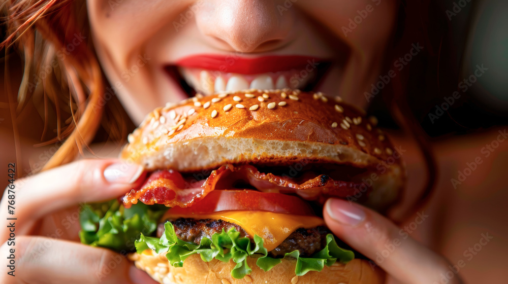 A young woman is eating a sandwich, an appetizing juicy burger. A young woman is eating a sandwich, an appetizing juicy burger.