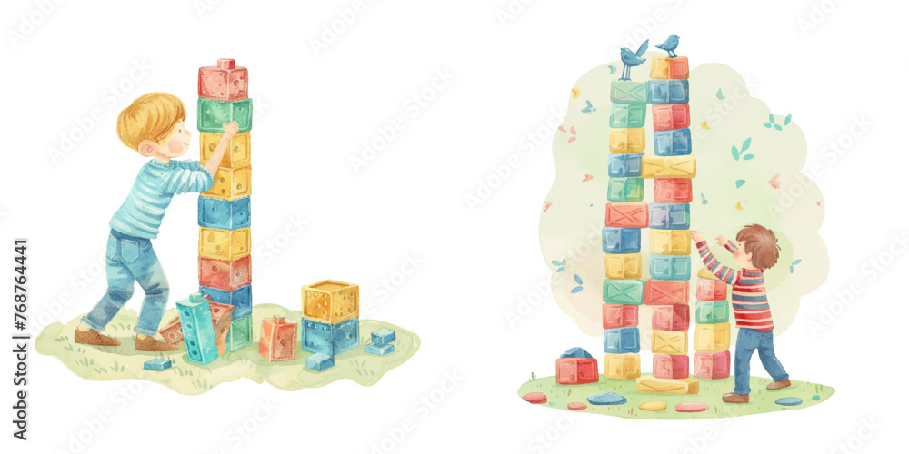 cute kid play with color block watercolour vector illustration 
