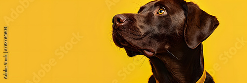 Labrador dog flyer with chocolate color profile isolated on yellow background