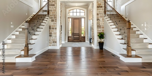 Country house entrance with hardwood stairs stoneclad wall and a sitting room visible through double glass doors. Concept Country House Design, Hardwood Stairs, Stone-Clad Wall, Sitting Room