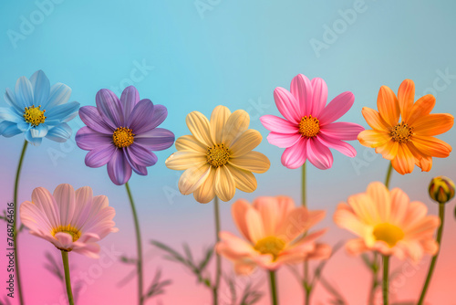 A row of colorful flowers with a blue background. The flowers are of different colors. The arrangement creates a cheerful and vibrant atmosphere. Whimsical Daisies in a Rainbow Gradient