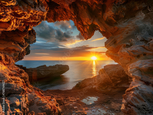 Dramatic coastal cave opening revealing a stunning ocean sunset with rich colors and rock textures