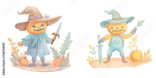 cute pumpkin head scarecrow holding dagger watercolour vector illustration