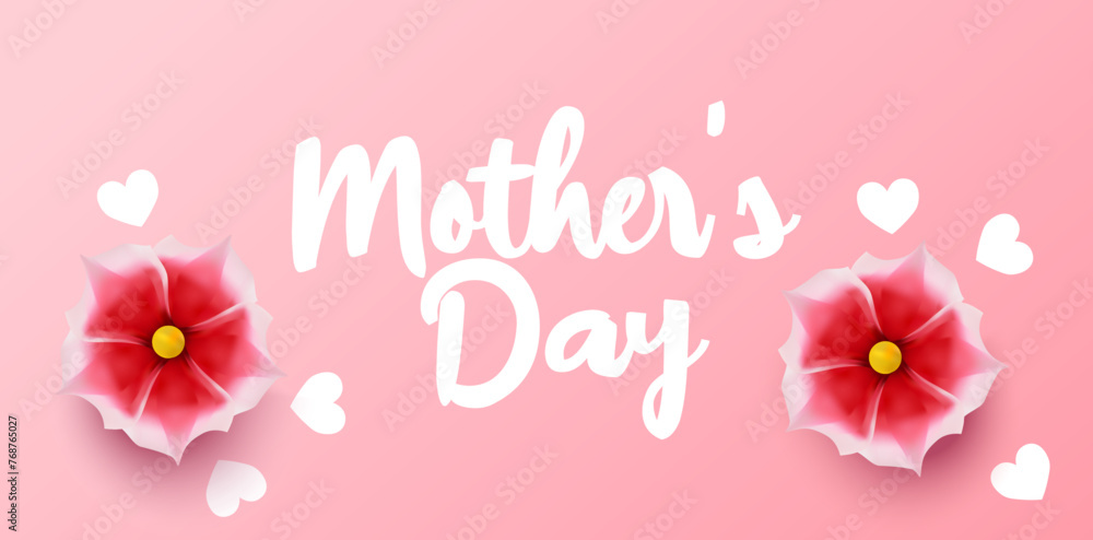 Mother's Day background with pink flowers and white hearts. Mother's Day postcard with hand written lettering and realistic 3d flower.