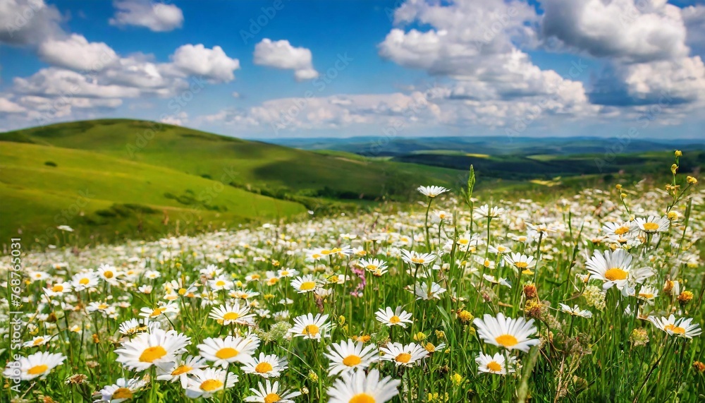Field of daisies in the mountains