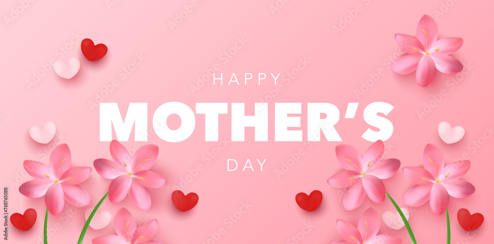Happy Mother's Day poster banner with pink flowers and hearts. Vector illustration for postcard, sale, promo, greeting card, promo, discount, website social media, flyer, brochure,  template