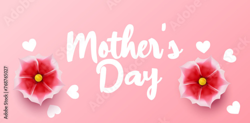 Mother s Day background with pink flowers and white hearts. Mother s Day postcard with hand written lettering and realistic 3d flower.
